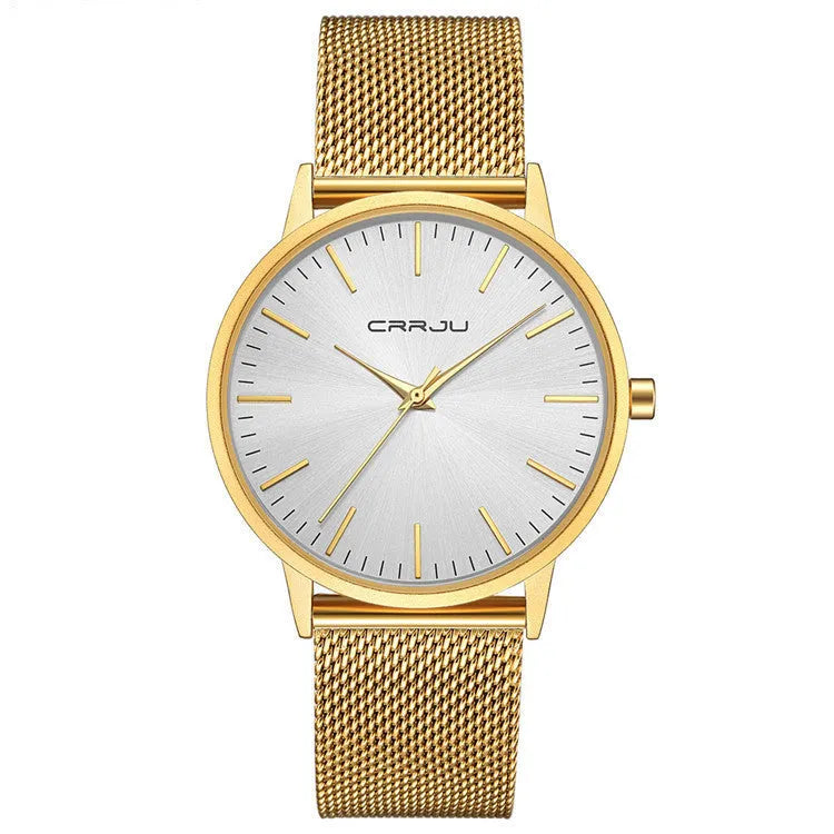 Casual quartz watch with alloy case, plexiglass mirror, and choice of mesh or leather straps in multiple colours