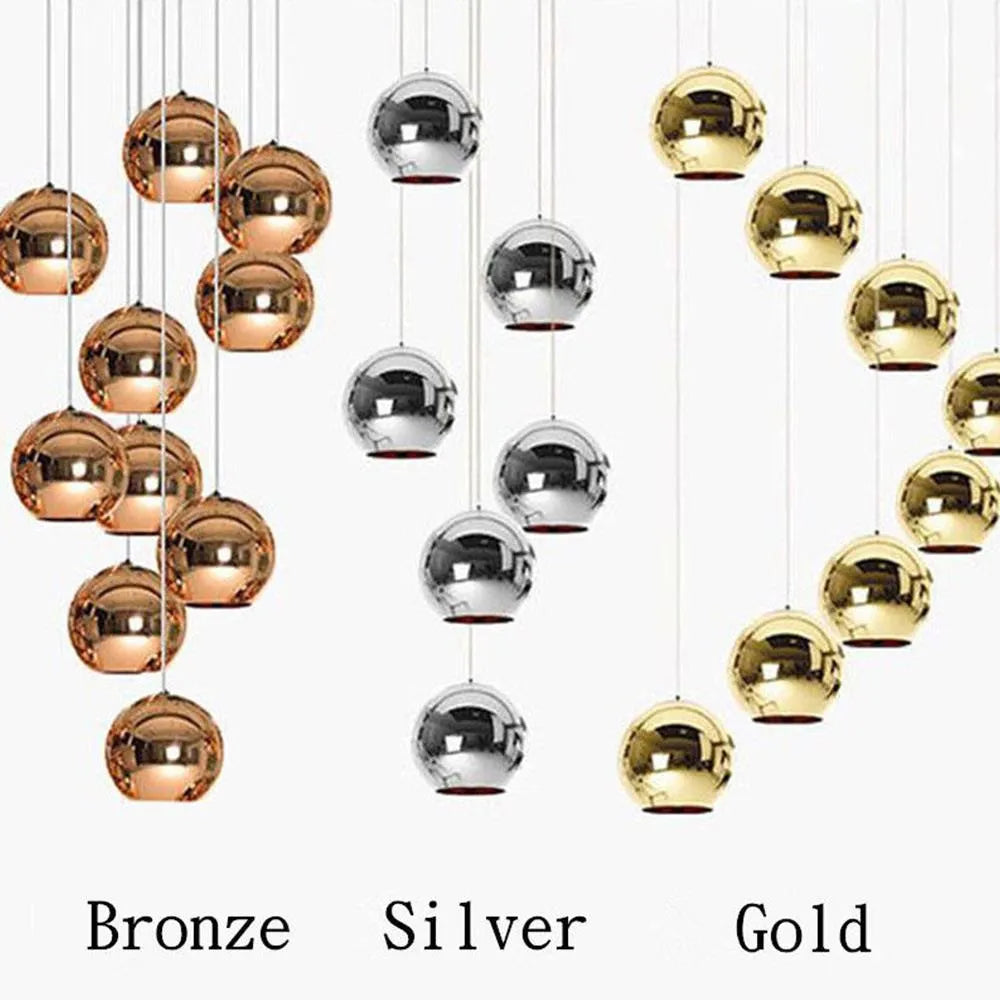 Round glass chandelier with iron body and electroplating glass shade, available in bronze, gold, or silver, 20-30cm diameter.