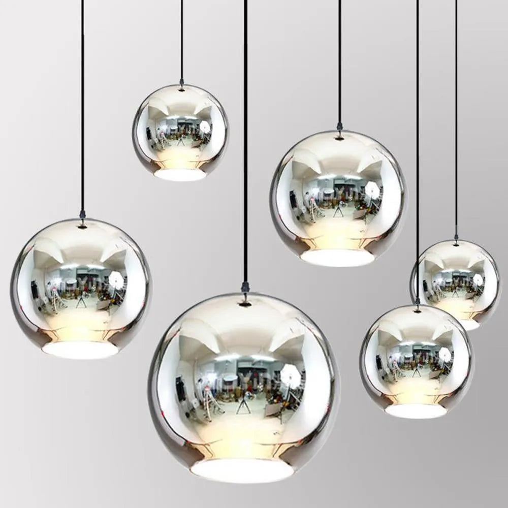 Round glass chandelier with iron body and electroplating glass shade, available in bronze, gold, or silver, 20-30cm diameter.