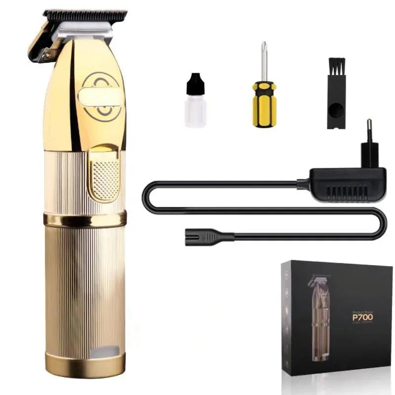 Gold professional hair clipper with cordless design and charging stand
