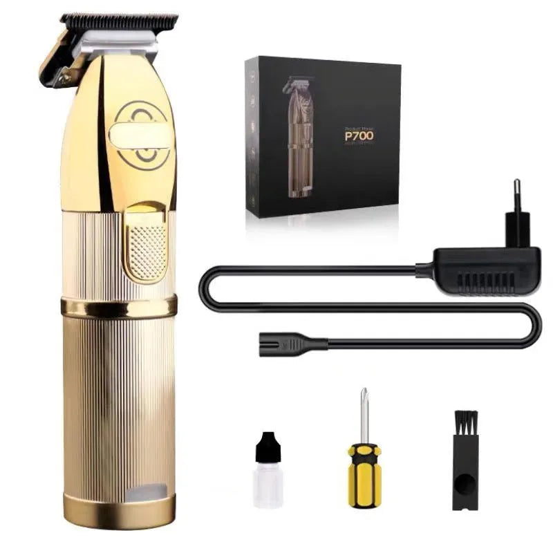 Gold professional hair clipper with cordless design and charging stand