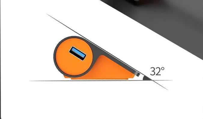 Dark grey aluminium USB hub with orange accents and separate cable showing four USB 3.1 ports