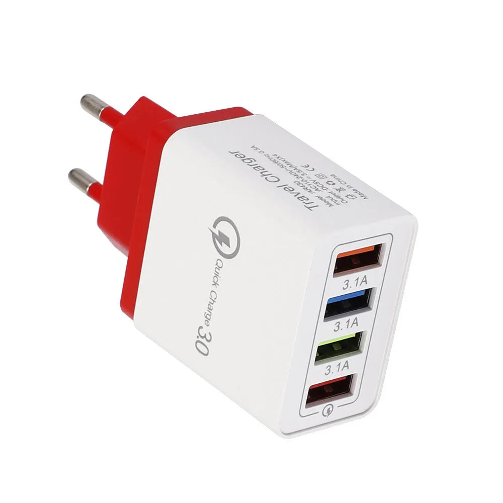 4-port USB mobile phone charger with luminous indicator light in multiple colour options