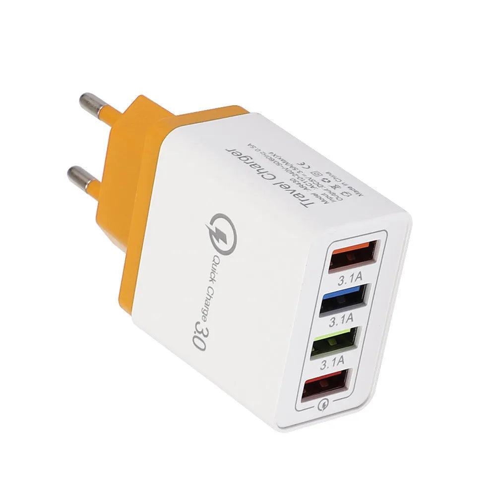 4-port USB mobile phone charger with luminous indicator light in multiple colour options