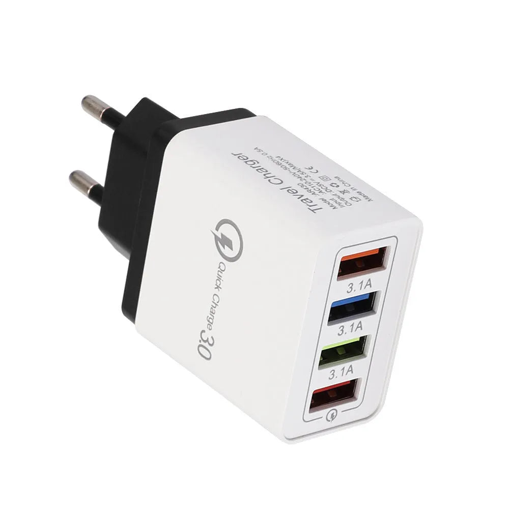 4-port USB mobile phone charger with luminous indicator light in multiple colour options