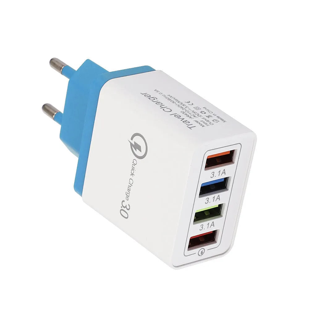 4-port USB mobile phone charger with luminous indicator light in multiple colour options
