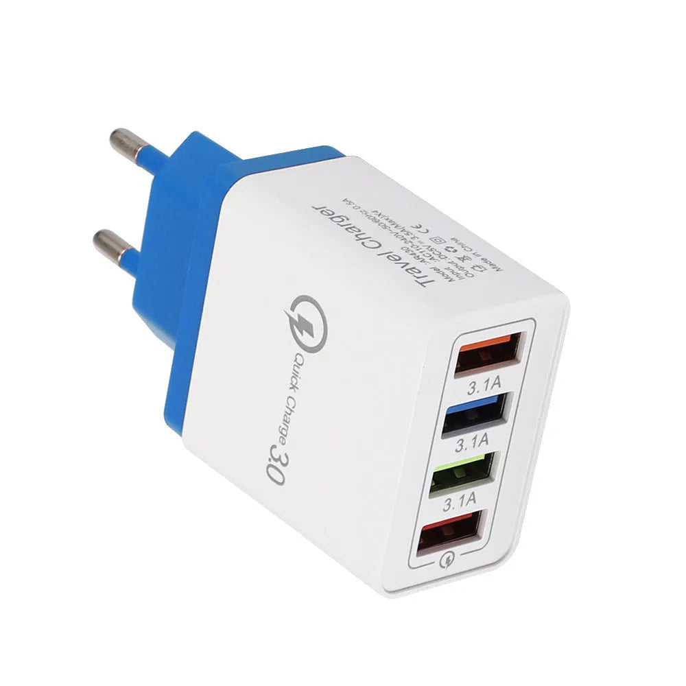 4-port USB mobile phone charger with luminous indicator light in multiple colour options