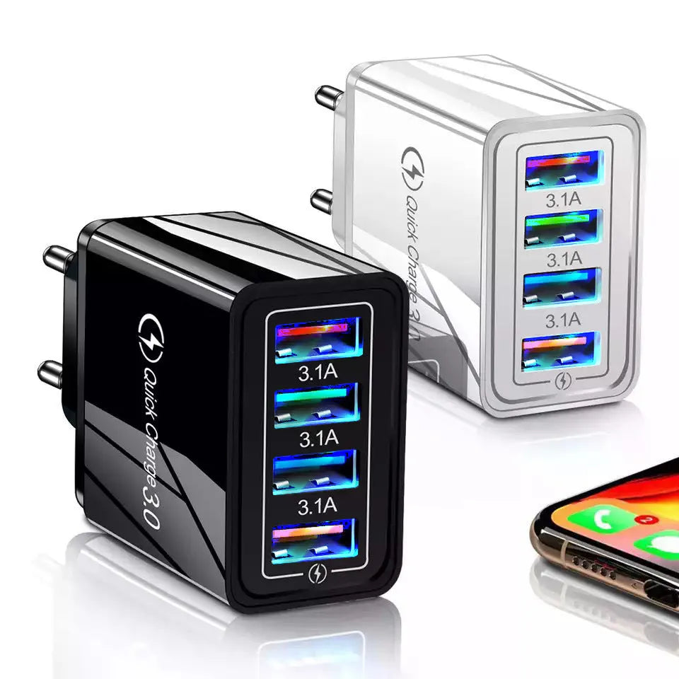 4-port USB mobile phone charger with luminous indicator light in multiple colour options