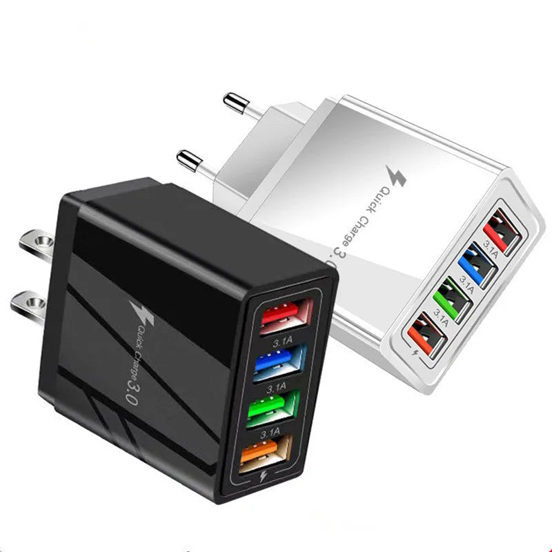 4-port USB mobile phone charger with luminous indicator light in multiple colour options