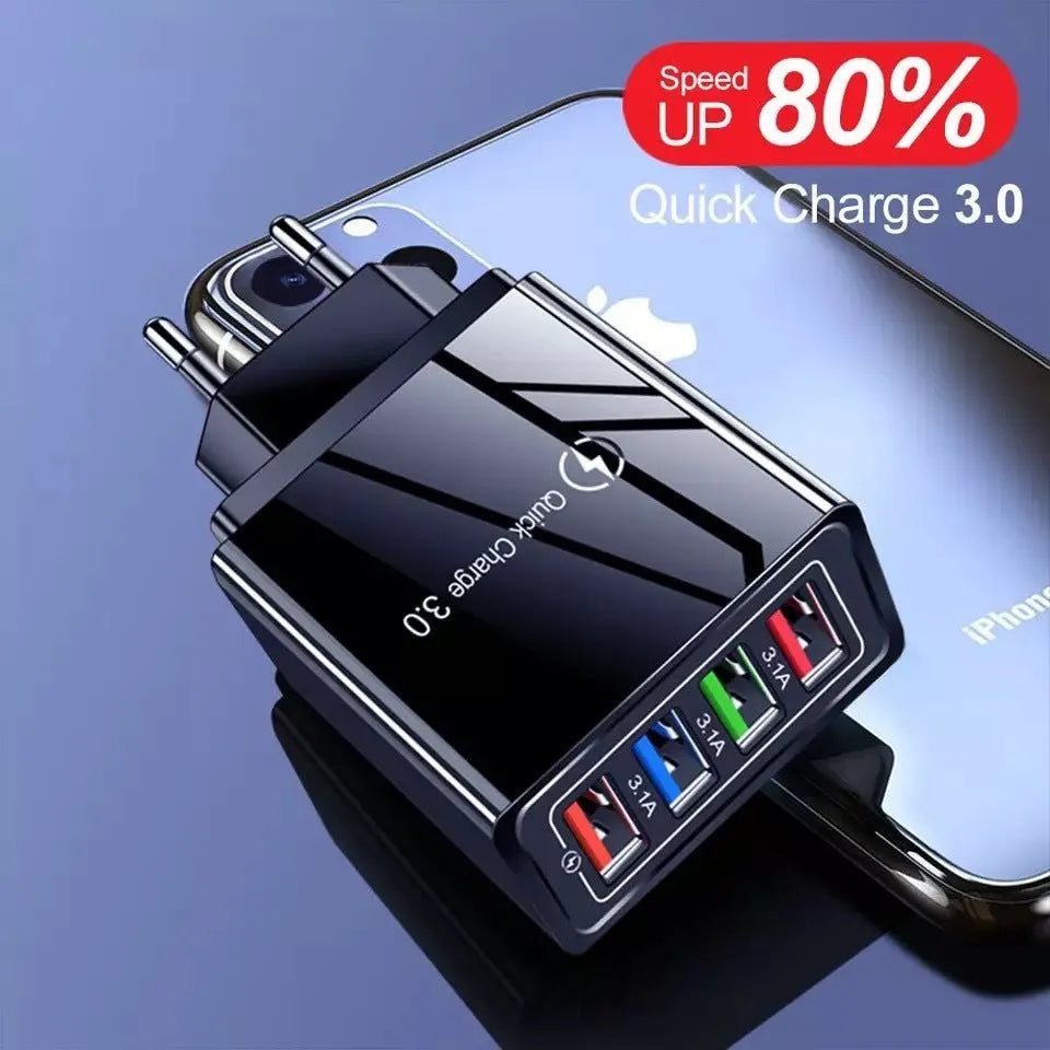 4-port USB mobile phone charger with luminous indicator light in multiple colour options