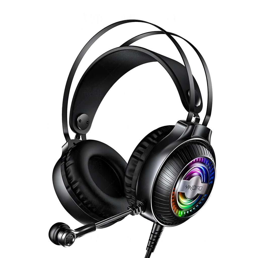 Wired PC headset with black protein earmuffs and 2.39-metre cable connected to 3.5mm plug