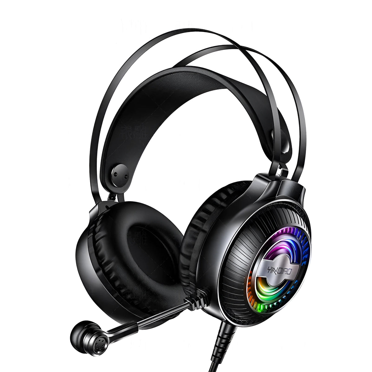 Wired PC headset with black protein earmuffs and 2.39-metre cable connected to 3.5mm plug