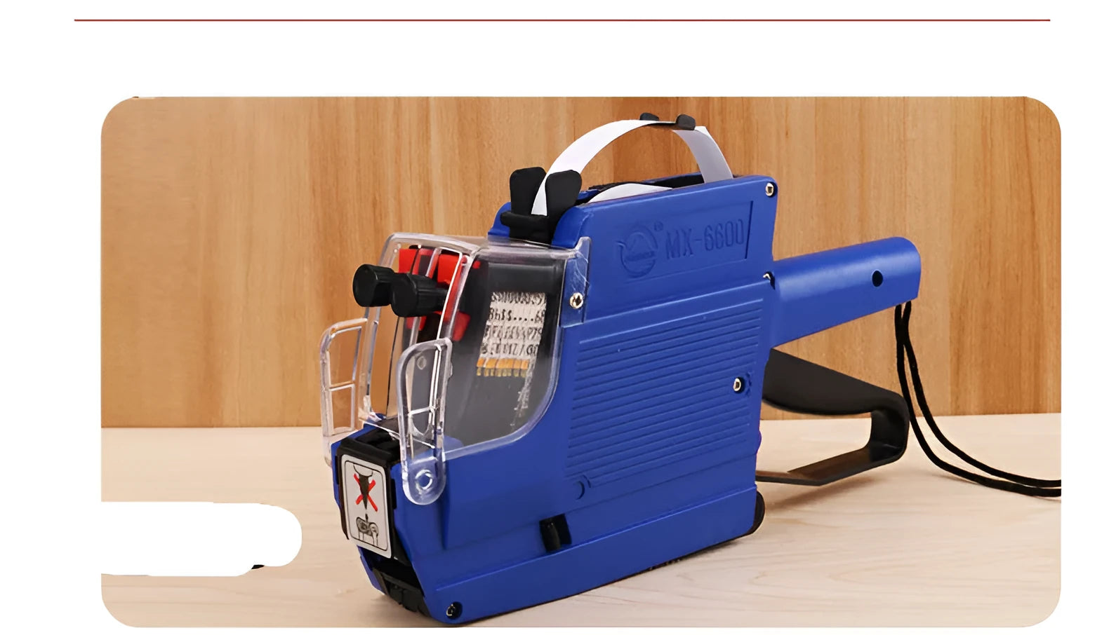 Manual price labelling machine for supermarket bottle packaging in blue, red, or yellow colours