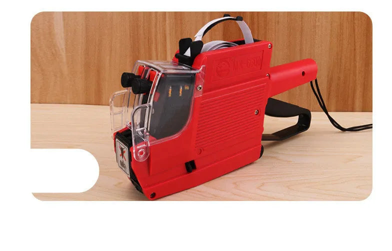 Manual price labelling machine for supermarket bottle packaging in blue, red, or yellow colours