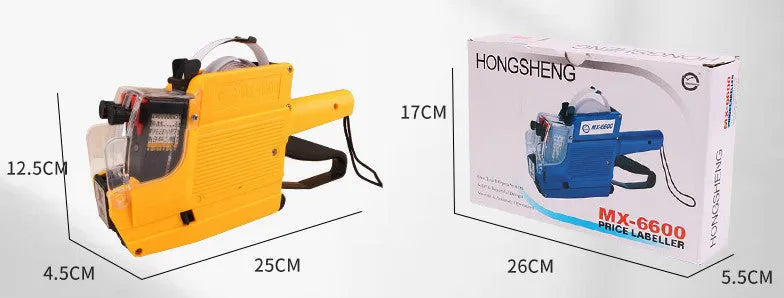 Manual price labelling machine for supermarket bottle packaging in blue, red, or yellow colours
