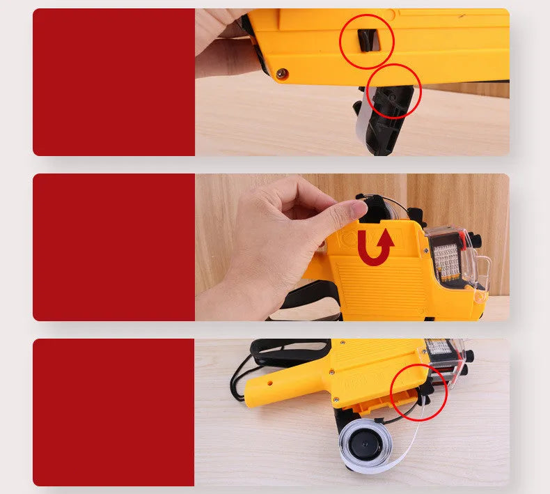 Manual price labelling machine for supermarket bottle packaging in blue, red, or yellow colours