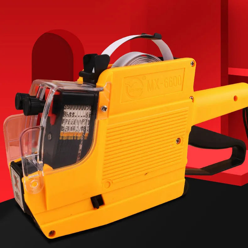 Manual price labelling machine for supermarket bottle packaging in blue, red, or yellow colours
