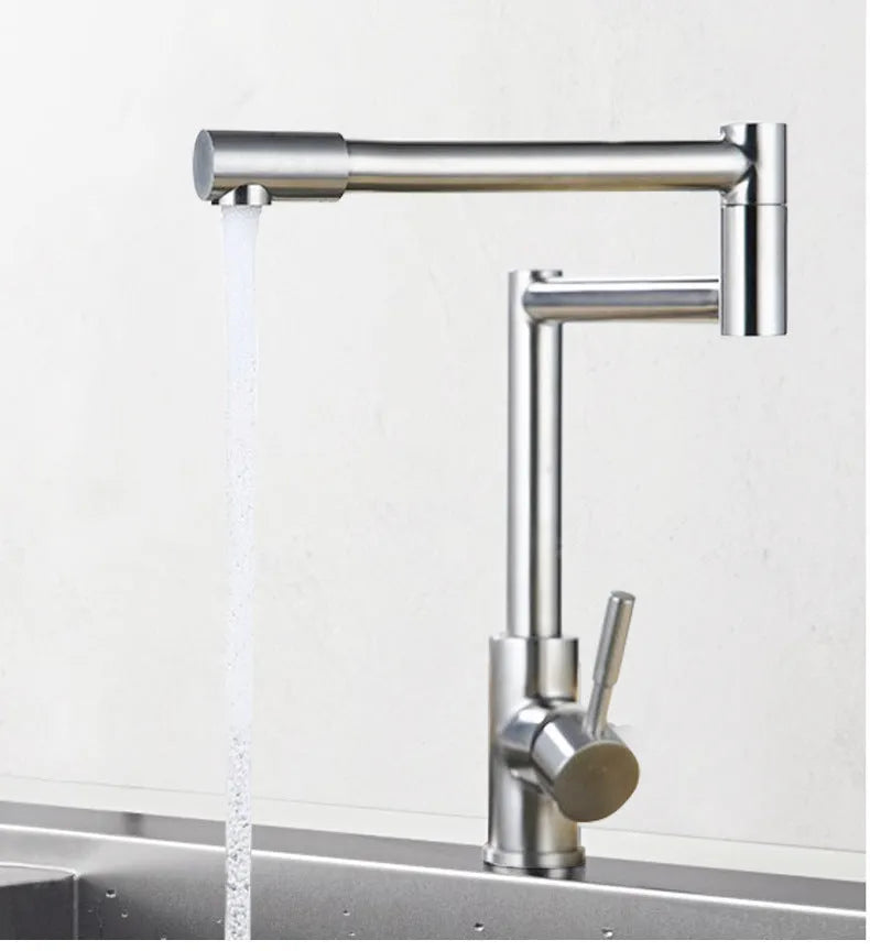 Silver stainless steel dual-handle rotating faucet with 360-degree swivel capability