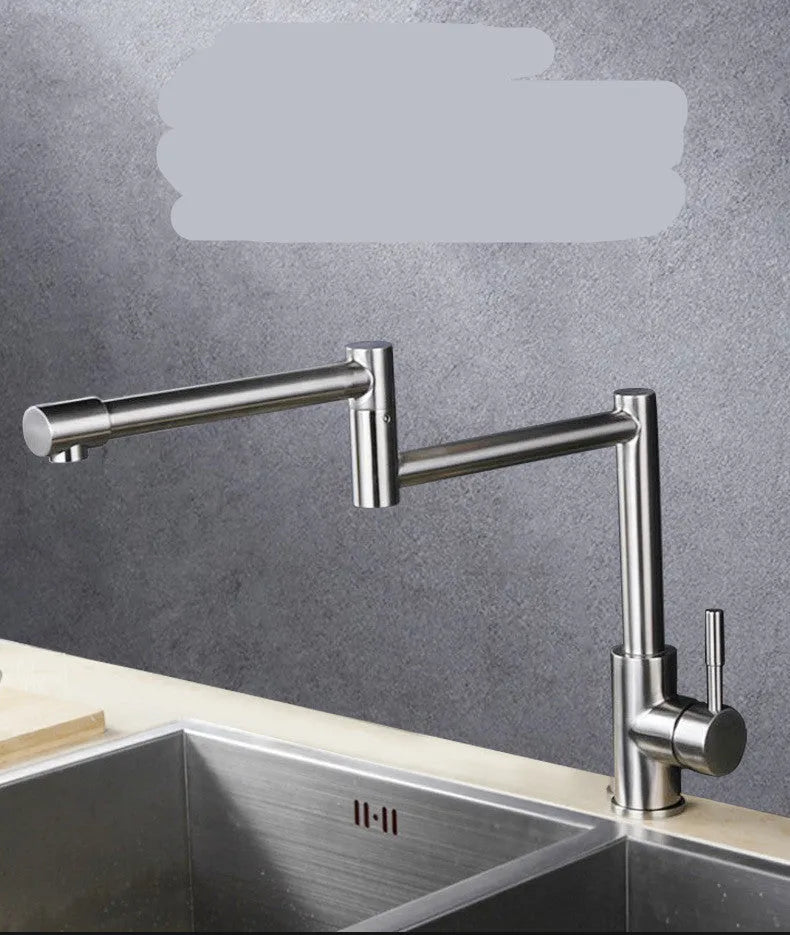 Silver stainless steel dual-handle rotating faucet with 360-degree swivel capability