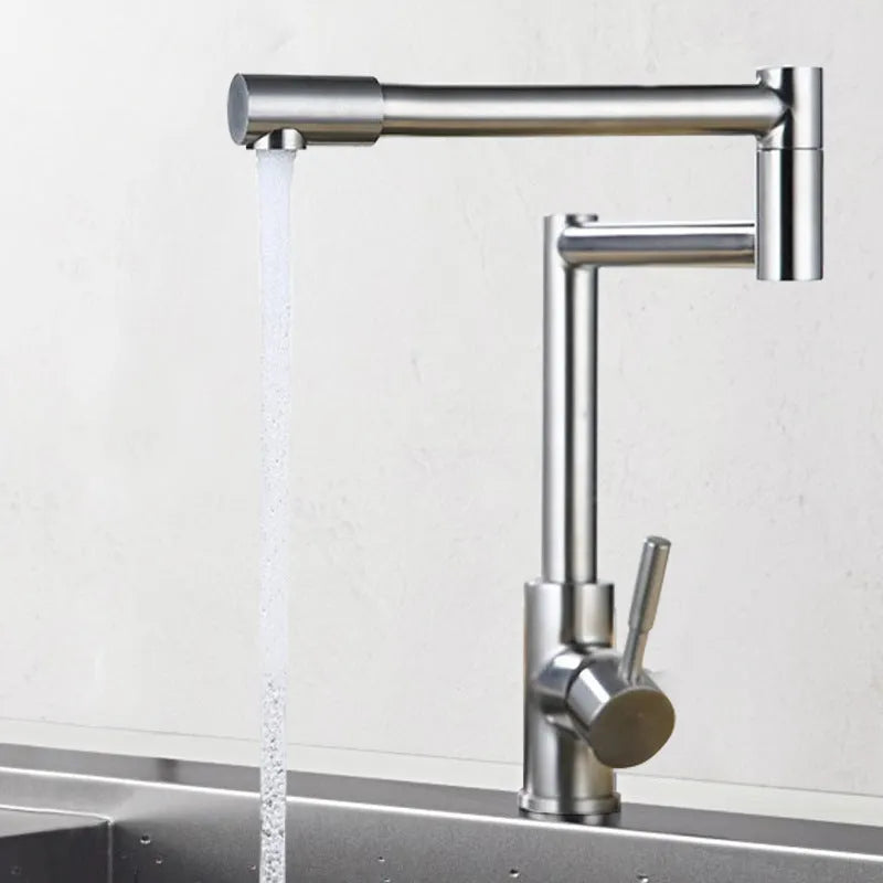 Silver stainless steel dual-handle rotating faucet with 360-degree swivel capability