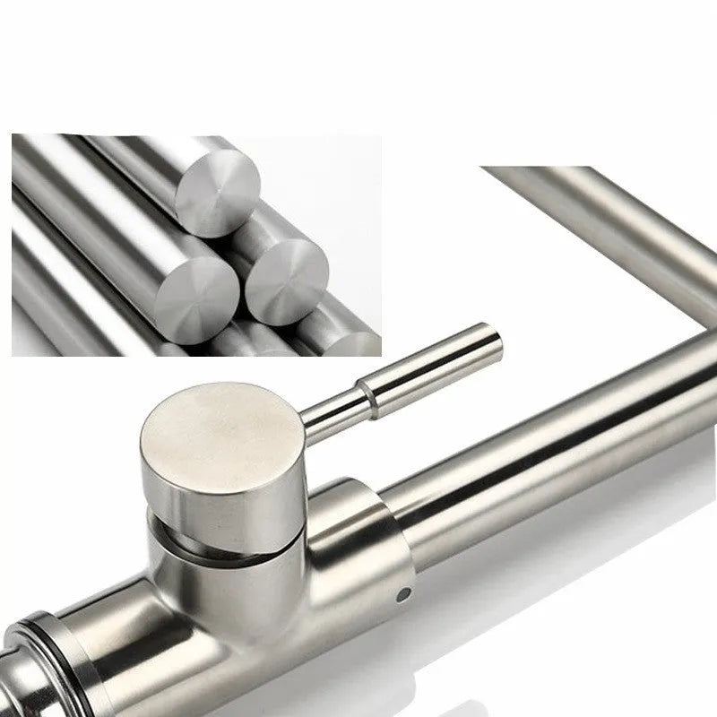 Silver stainless steel dual-handle rotating faucet with 360-degree swivel capability
