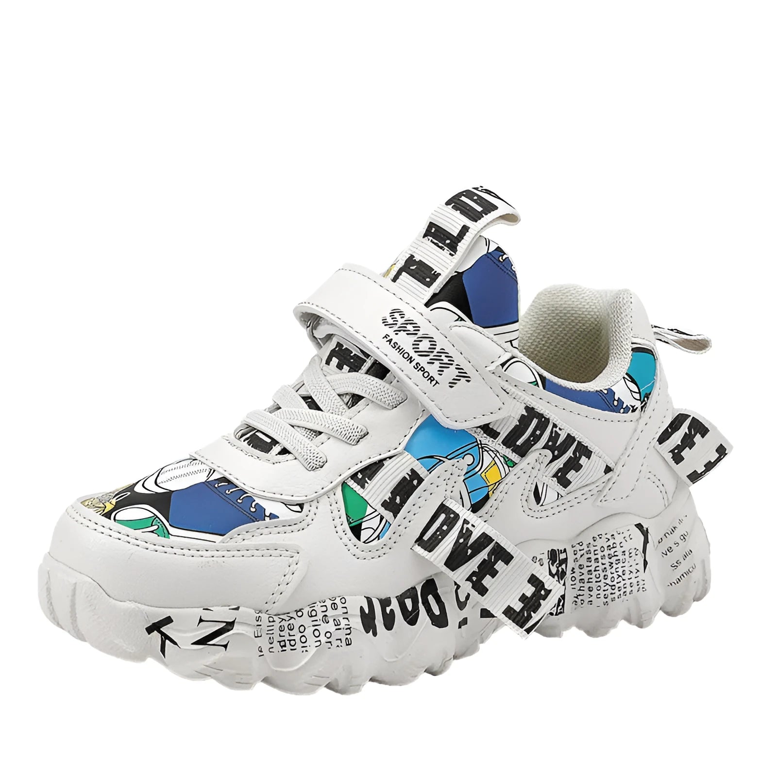Boys' blue and beige Velcro sports sneakers with a rubber sole on a white background.