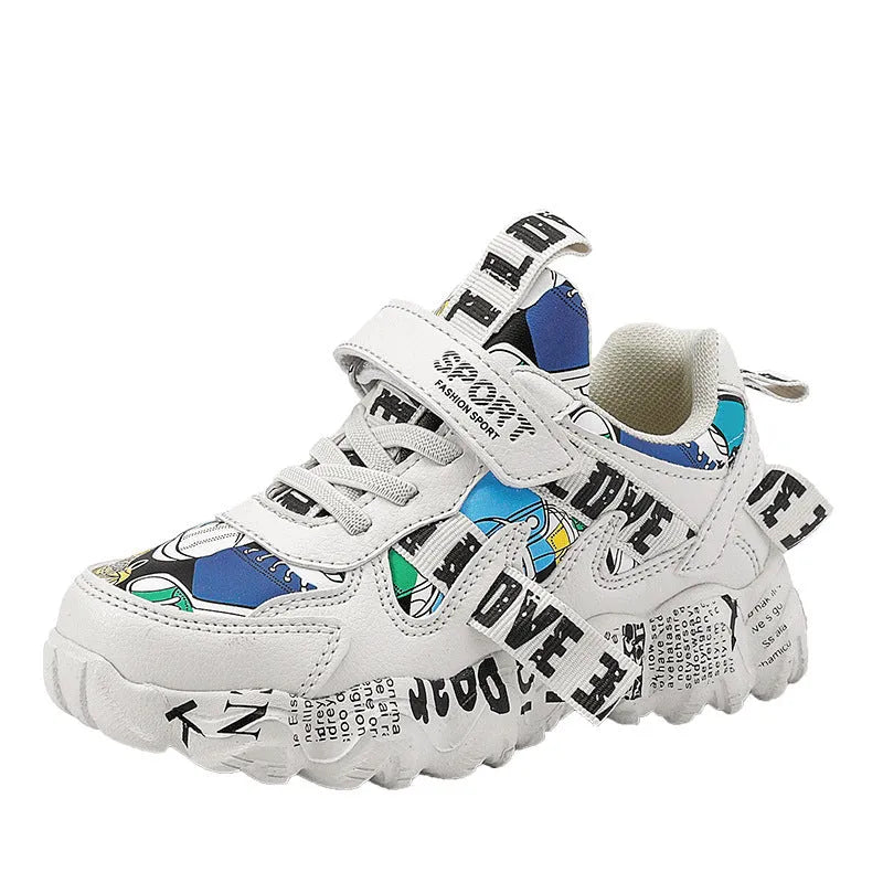 Boys' blue and beige Velcro sports sneakers with a rubber sole on a white background.