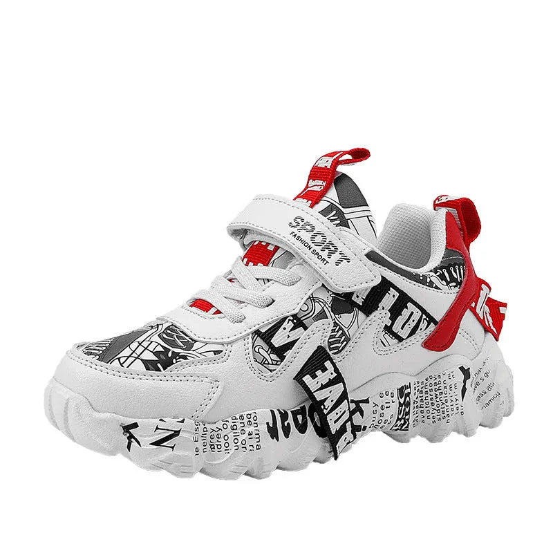 Boys' blue and beige Velcro sports sneakers with a rubber sole on a white background.