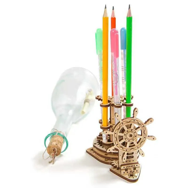Ukrainian wooden rotating pen holder with steering wheel mechanism and machinery detailing