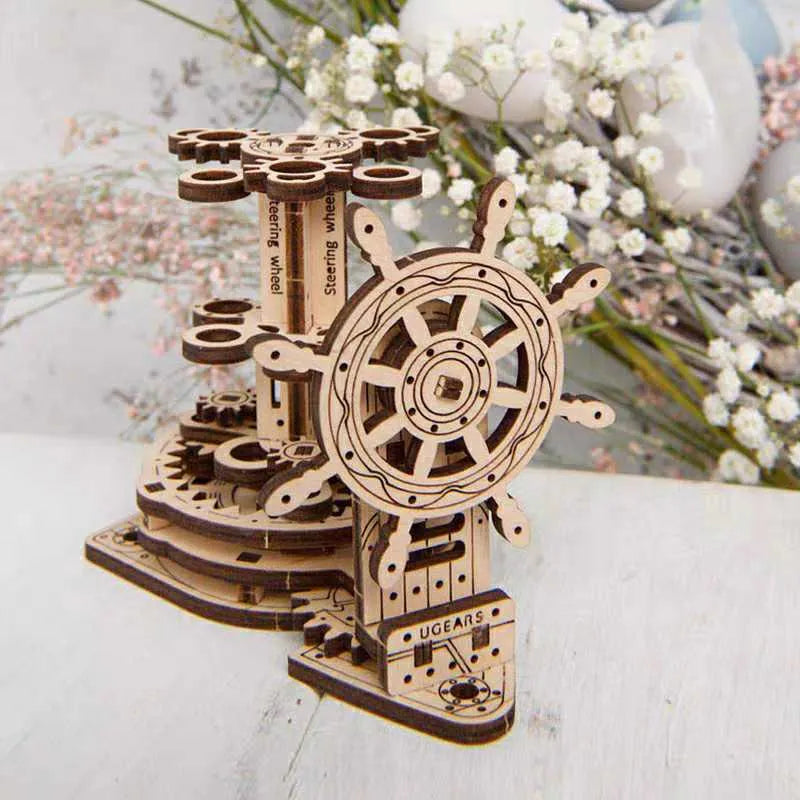 Ukrainian wooden rotating pen holder with steering wheel mechanism and machinery detailing