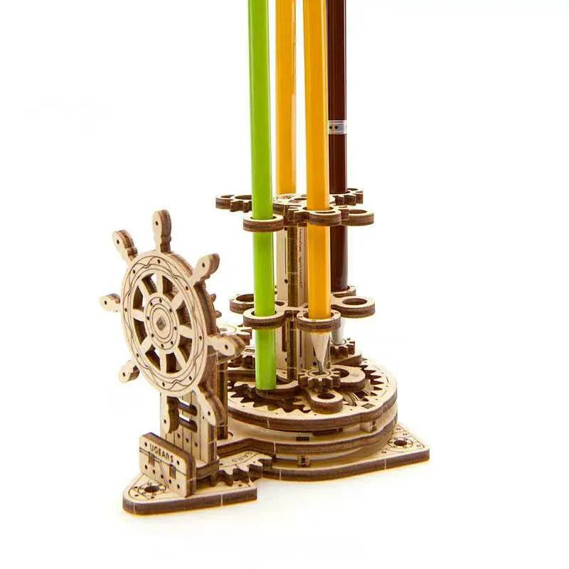 Ukrainian wooden rotating pen holder with steering wheel mechanism and machinery detailing