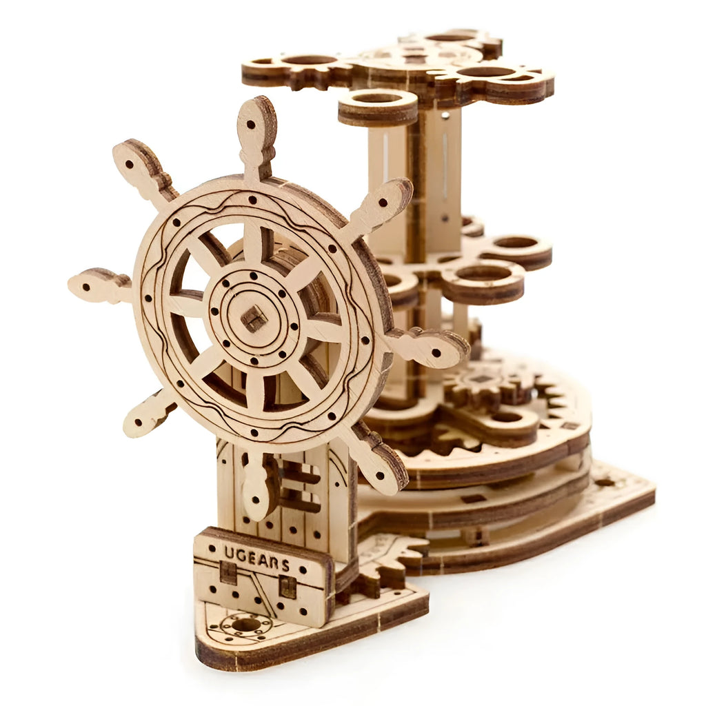 Ukrainian wooden rotating pen holder with steering wheel mechanism and machinery detailing