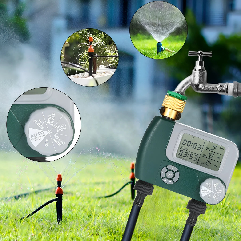 Green digital garden hose timer with large LCD screen and two outlet valves