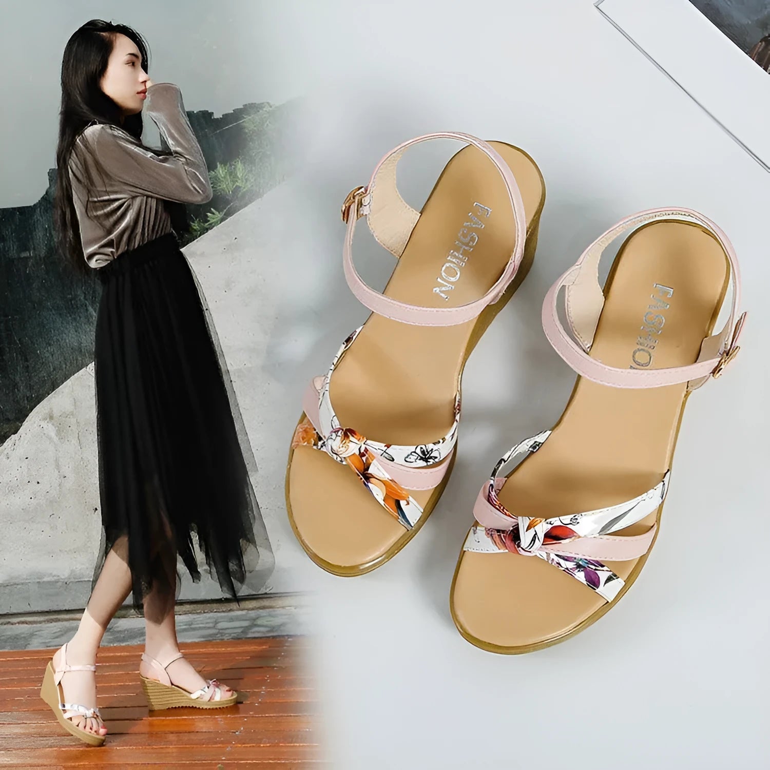 Women's pink wedge sandals with waterproof platform and buckle closure on white background