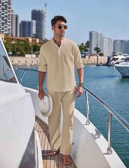 Men's cotton casual trousers suit two-piece set in solid colour with long sleeves