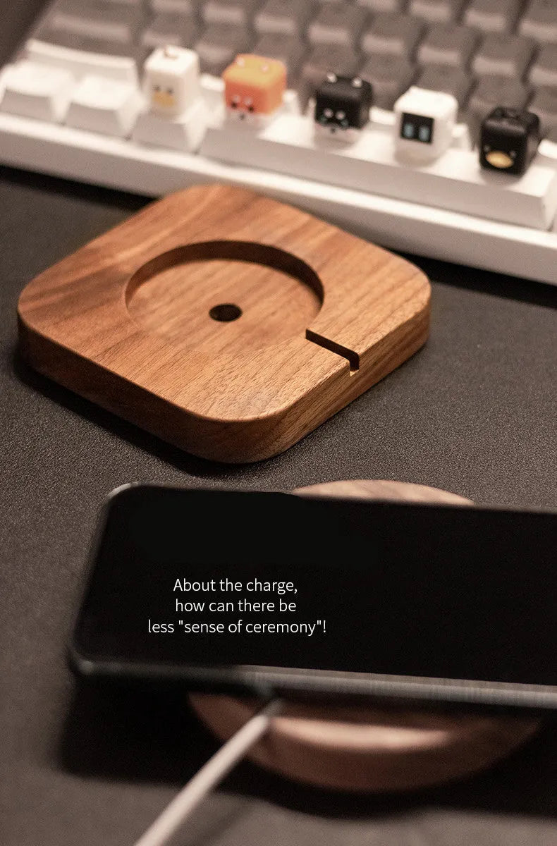 Walnut wood magnetic wireless charging stand with MagSafe compatibility for iPhone