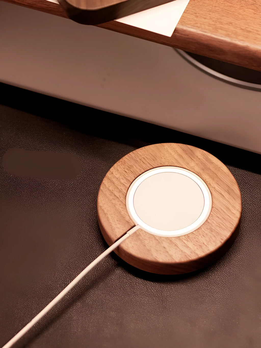 Walnut wood magnetic wireless charging stand with MagSafe compatibility for iPhone