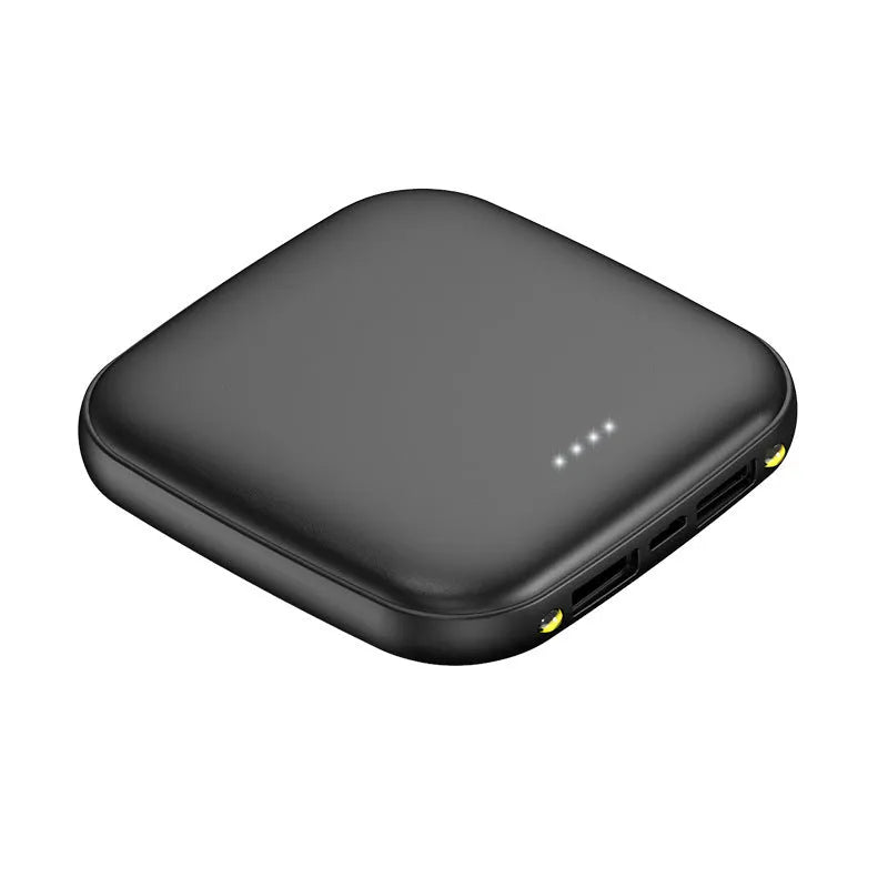 Compact black power bank with 20000mAh capacity and a small LED flashlight on the side.