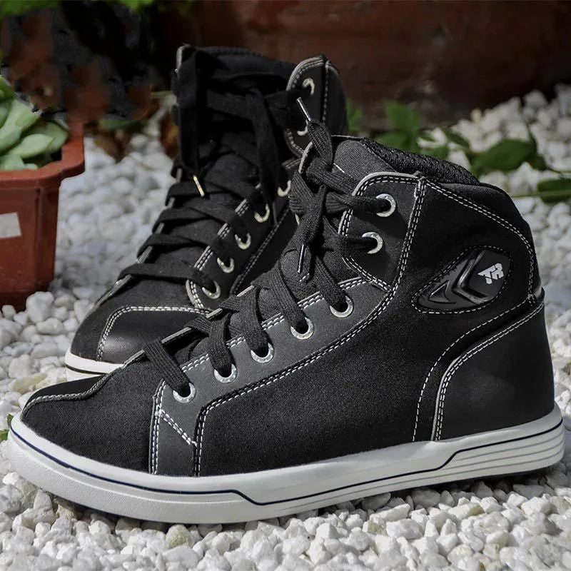 Men's grey and black motorcycle casual short boots on a white background.