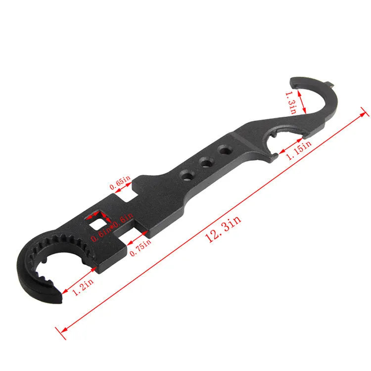 Black all-steel combination wrench for AR15 and M4 firearm maintenance with dual-purpose design