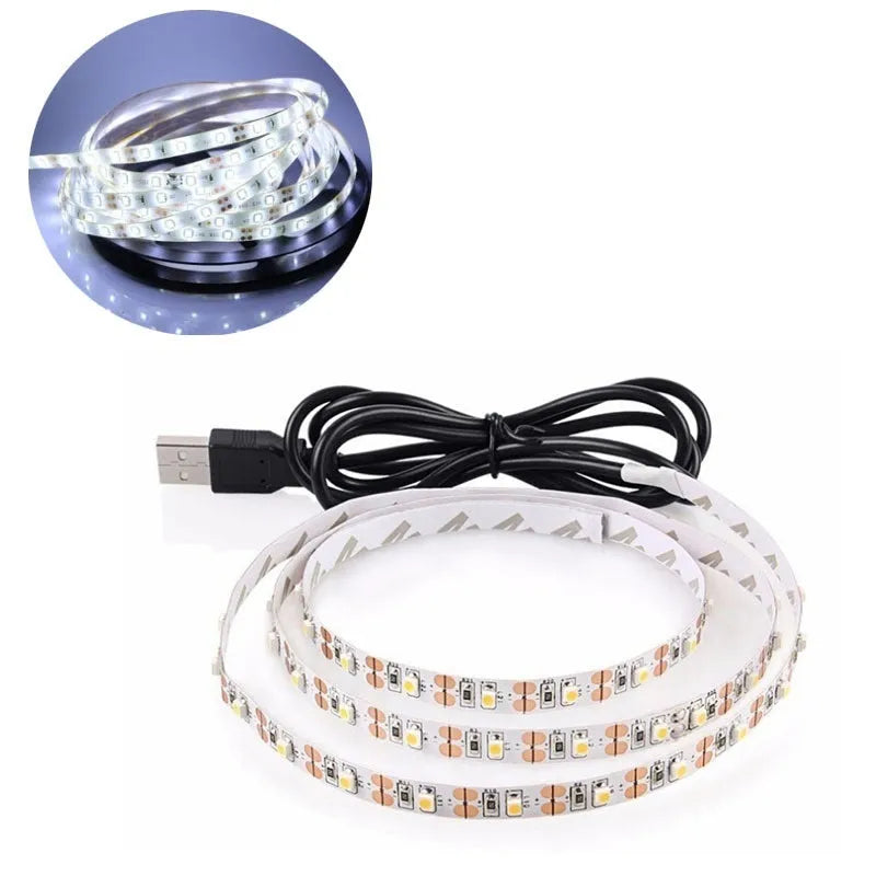 A flexible 1-metre long USB LED light strip showing multiple coloured SMD5050 LEDs on its surface.