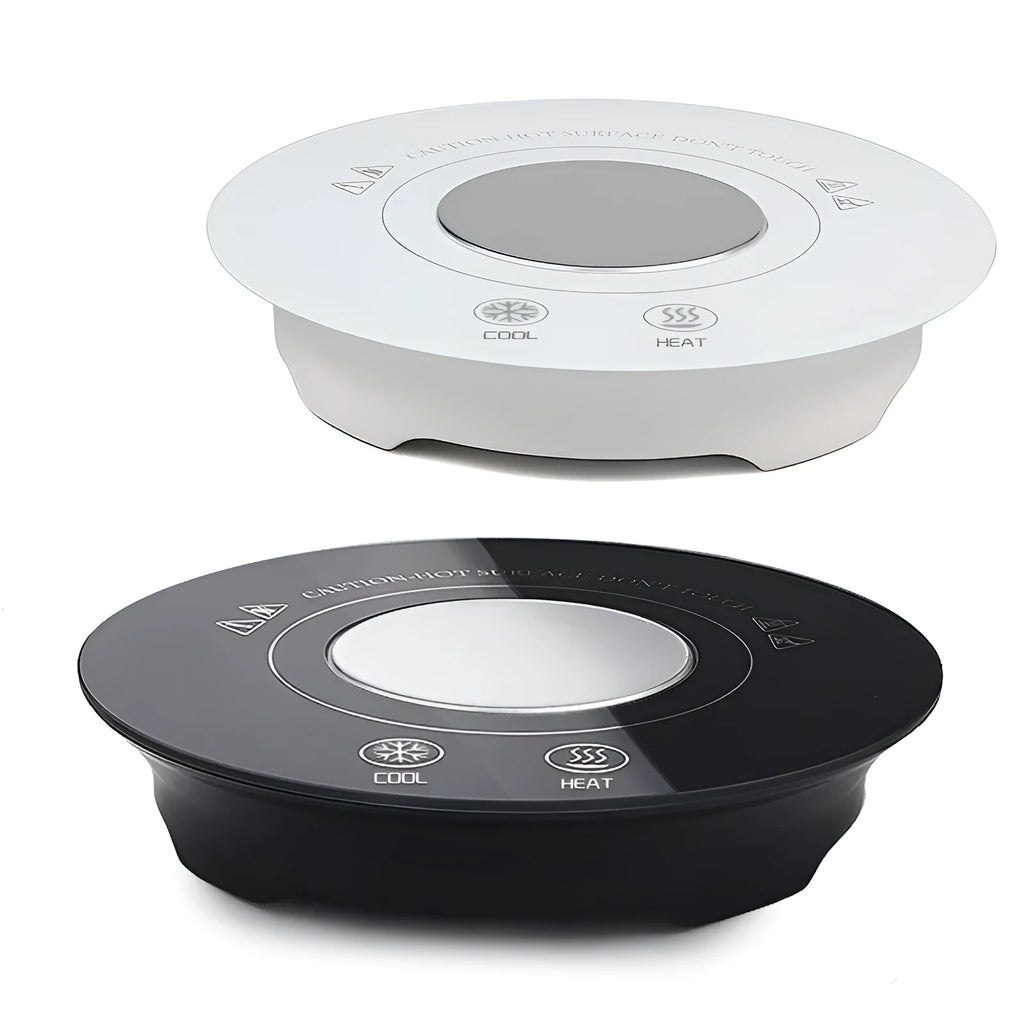Black and white USB-powered hot cold coaster for drink temperature control