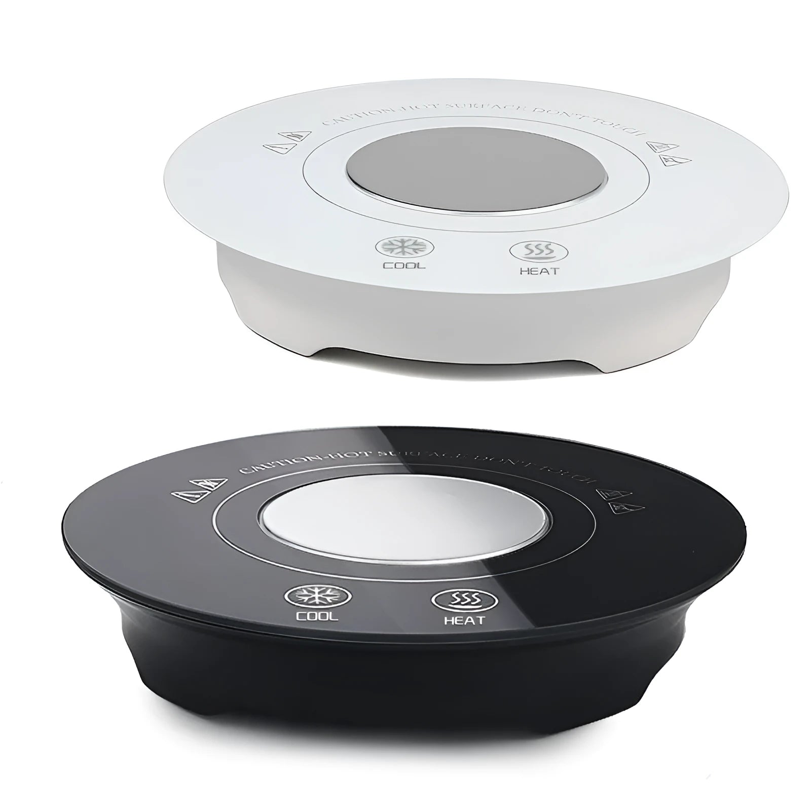 Black and white USB-powered hot cold coaster for drink temperature control
