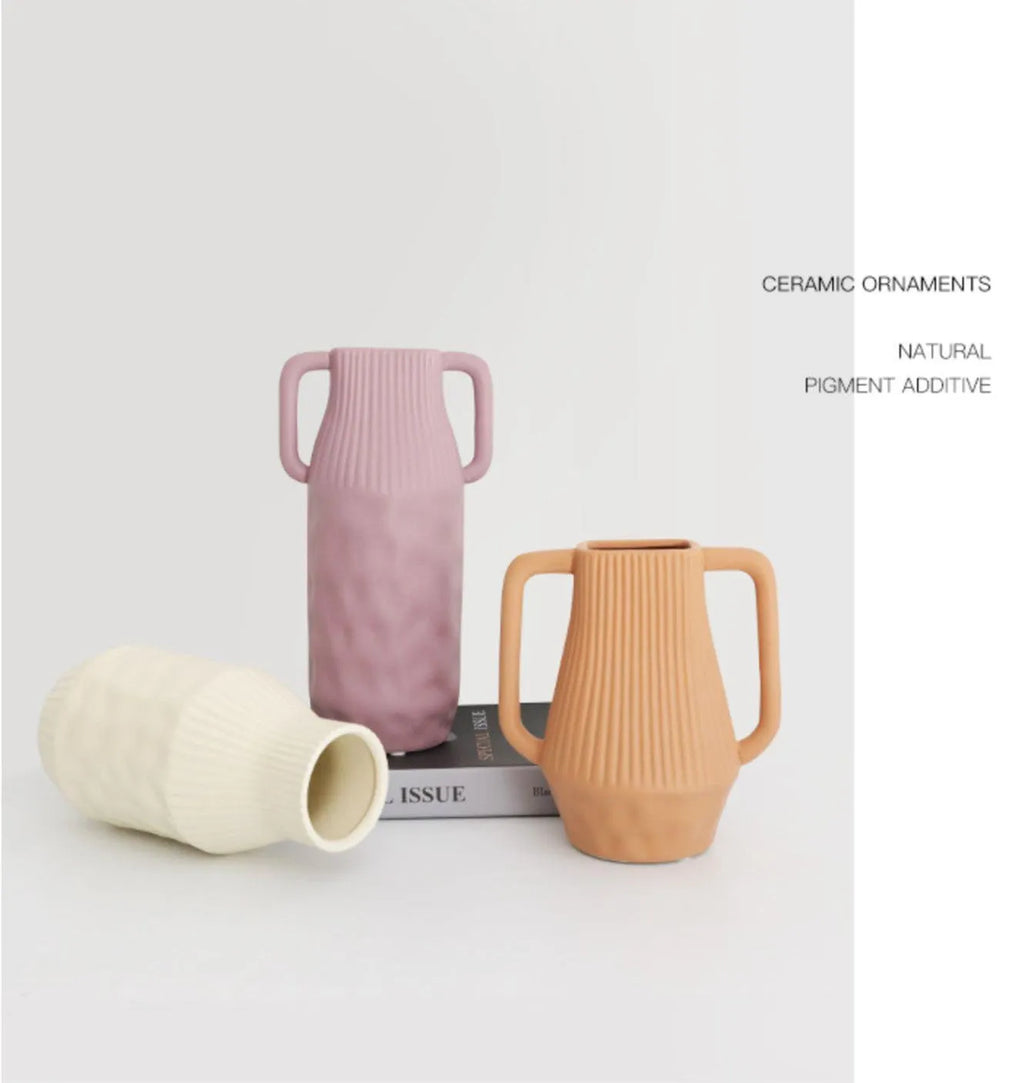 Nordic Morandi colour glaze ceramic vase in beige, brown or purple for home decoration.