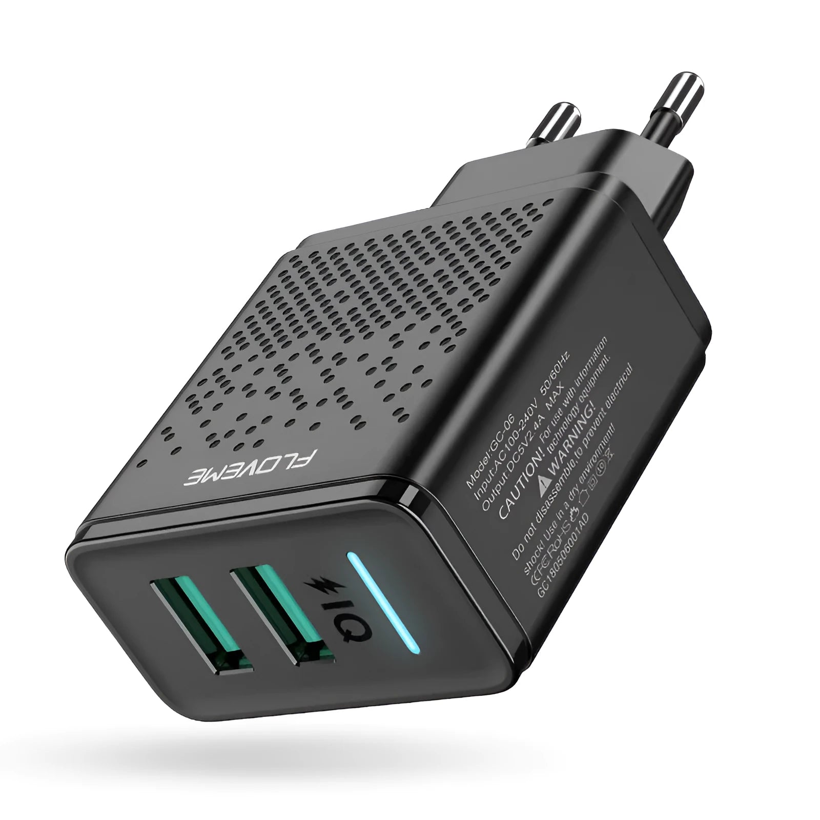 Black dual USB charger with EU plug for European wall sockets