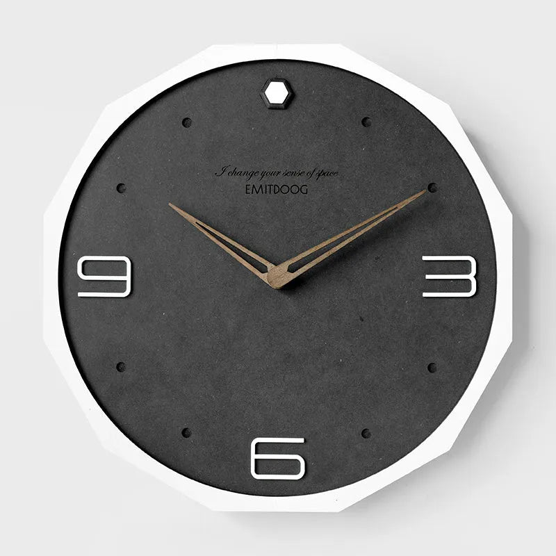 Round 12-inch minimalist wall clock with perforated metal dial in walnut ash finish