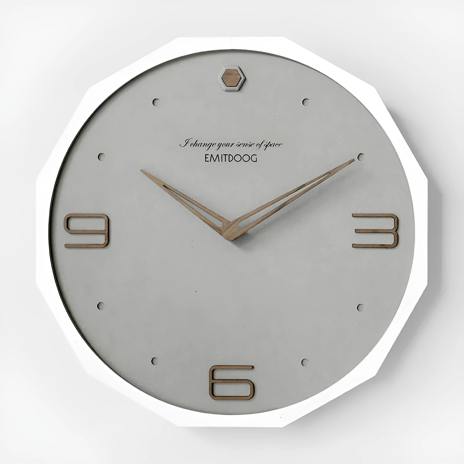 Round 12-inch minimalist wall clock with perforated metal dial in walnut ash finish