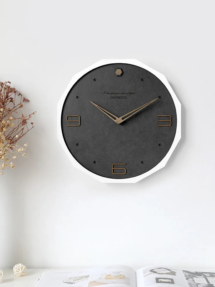 Round 12-inch minimalist wall clock with perforated metal dial in walnut ash finish