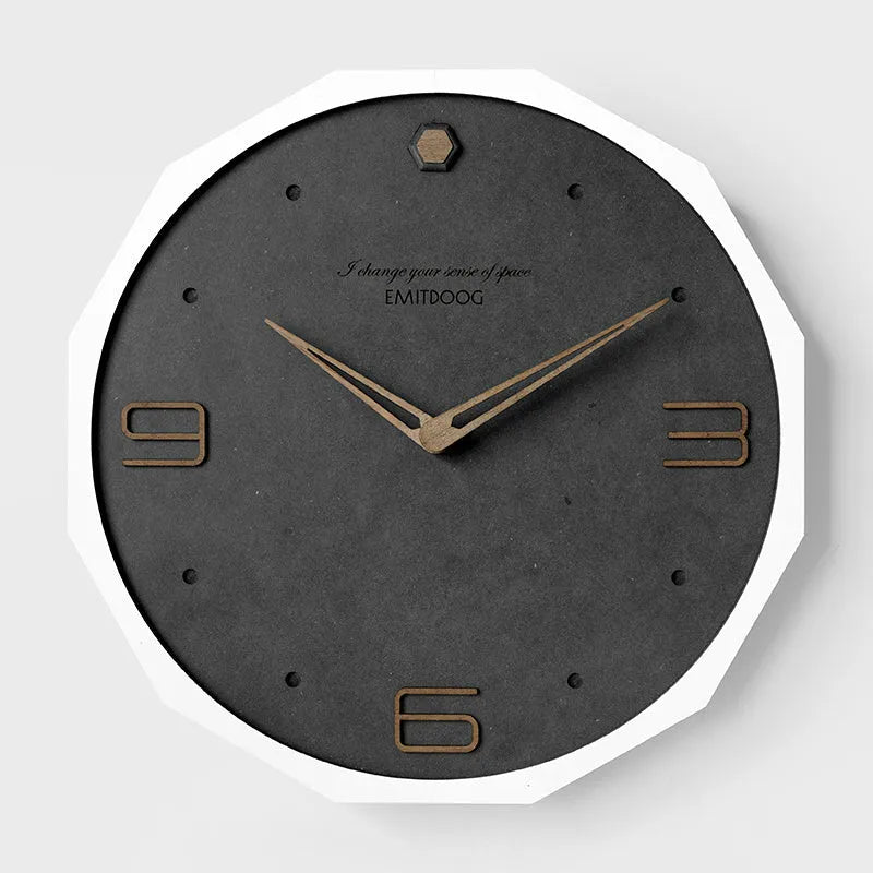 Round 12-inch minimalist wall clock with perforated metal dial in walnut ash finish