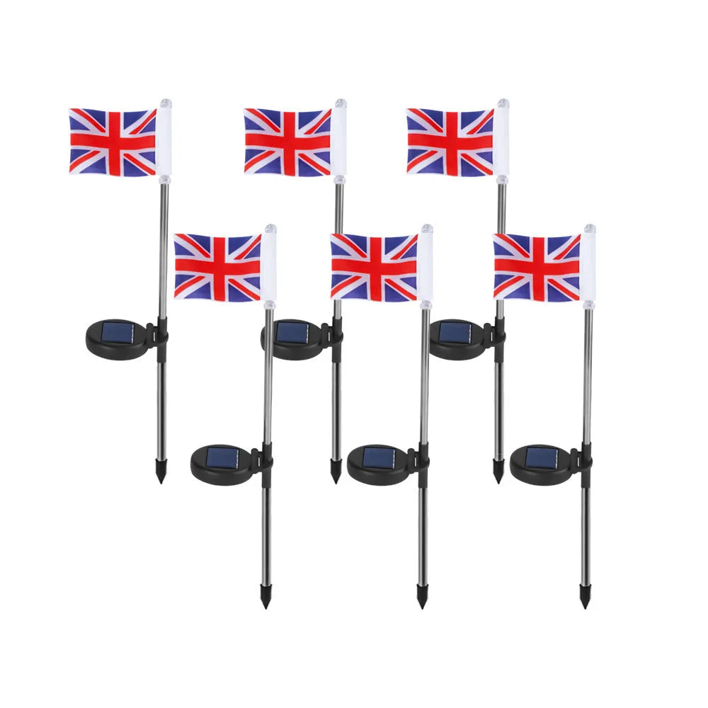 Solar-powered garden flag light with stainless steel pole displaying American or British flag design